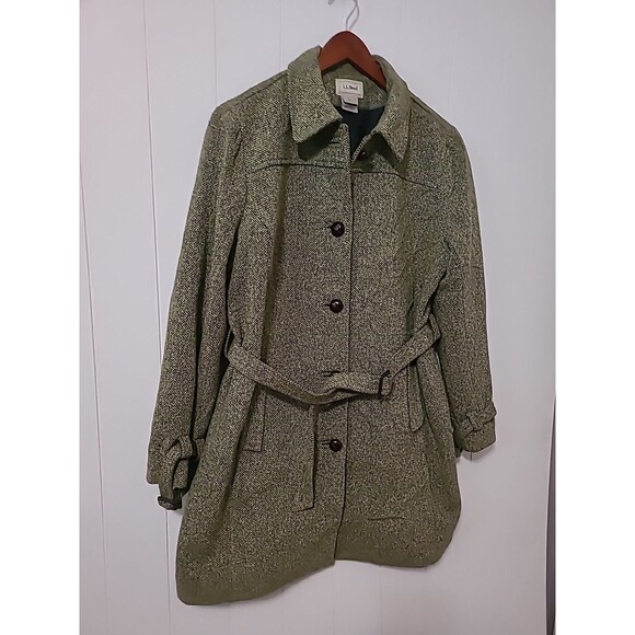 LL Bean Peacoat Womens Large Green Wool Silk Belt Vintage Fall Winter Classic - Picture 2 of 10